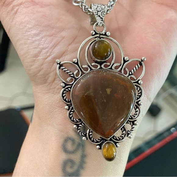 925 sterling silver overlay charm red jasper & golden brown tiger eye necklace - Picture 14 of 16